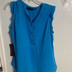 New York & Company Blue Sleeveless Blouse with Mandarin Collar